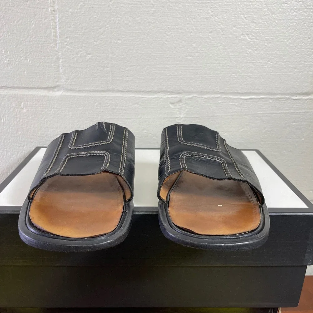 Hermes Izmir Sandals Black Leather H Logo Contrast Stitching Men's 44 EU/11 US